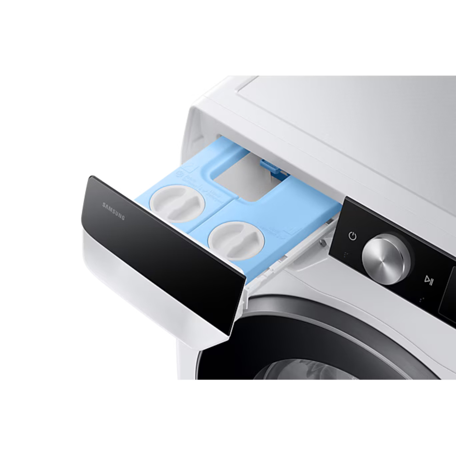 A white washing machine with a blue detergent drawer open, showing compartments.