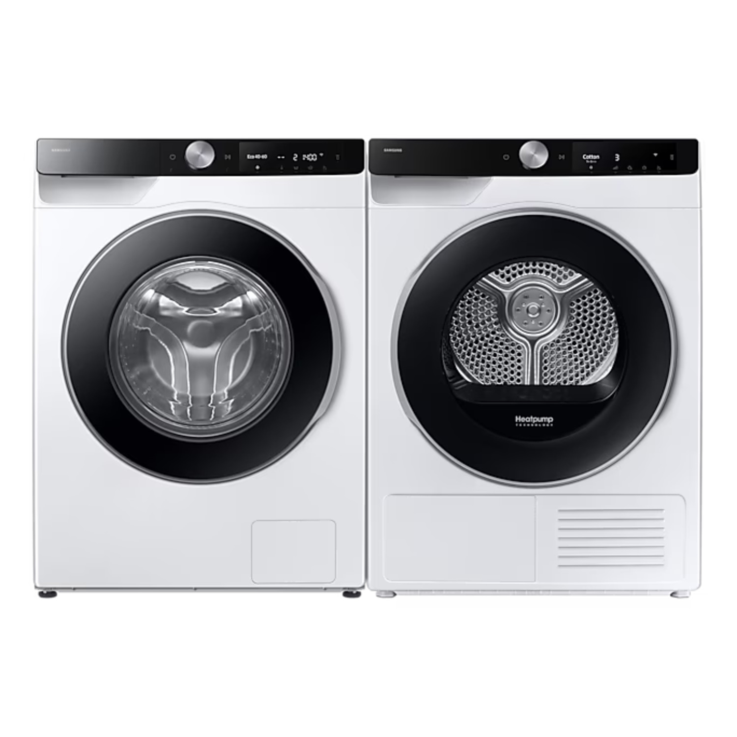 White Samsung washer and dryer set, front view, black door trim, controls on top.