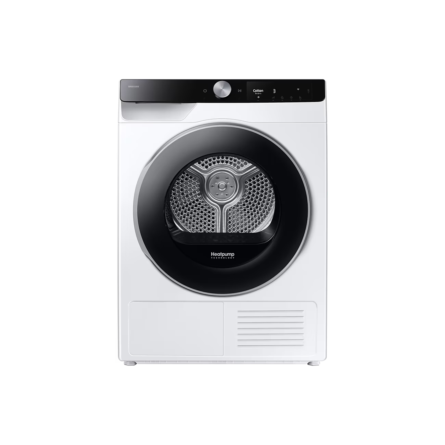 Sèche-linge Samsung blanc avec porte et panneau de commande noirs.