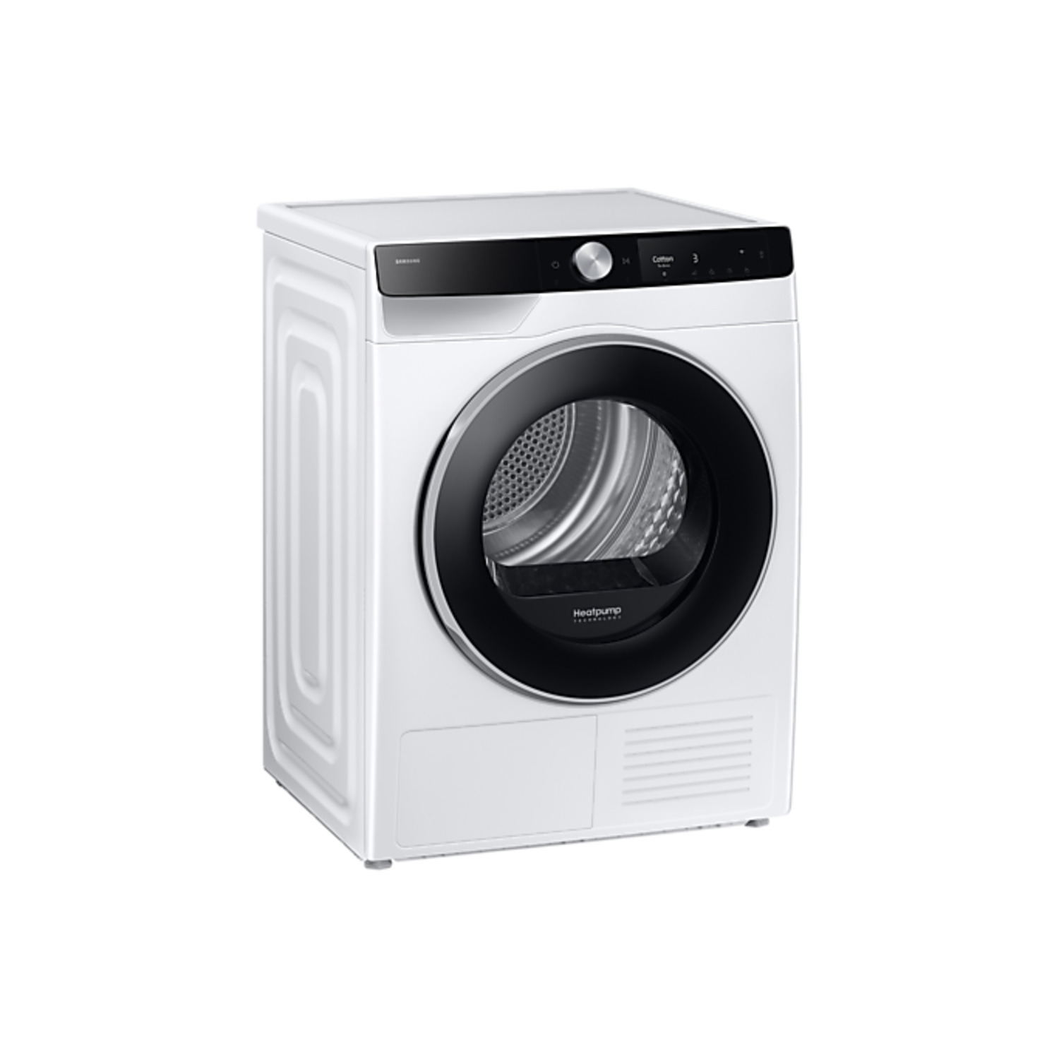 Un sèche-linge Samsung blanc, vu d'un angle. Il a une porte et un panneau de contrôle noirs.