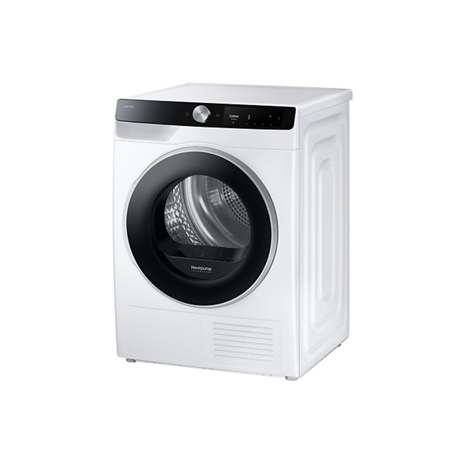 Sèche-linge Samsung blanc avec porte et panneau de commande noirs. Il a une porte vitrée ronde.