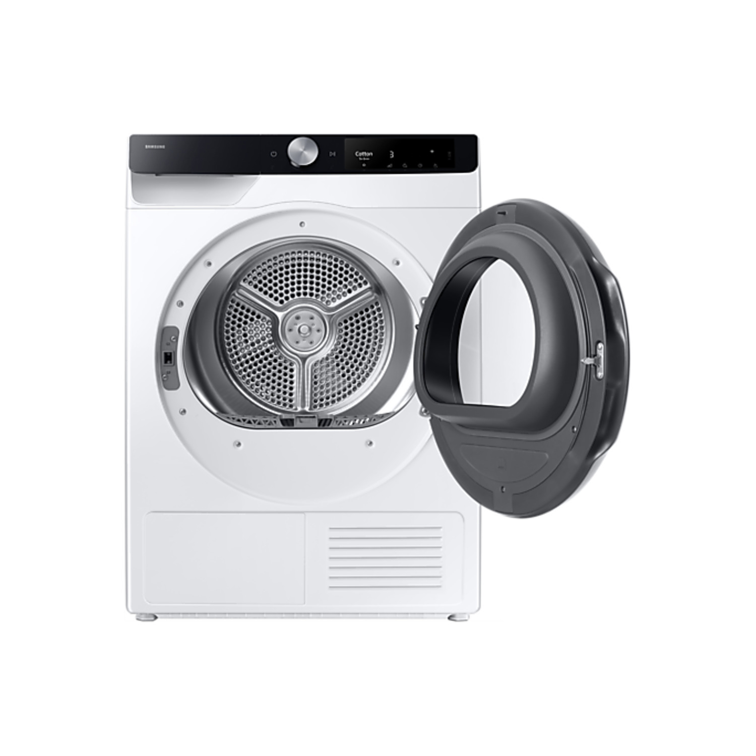 Sèche-linge Samsung blanc avec porte ouverte, montrant le tambour.