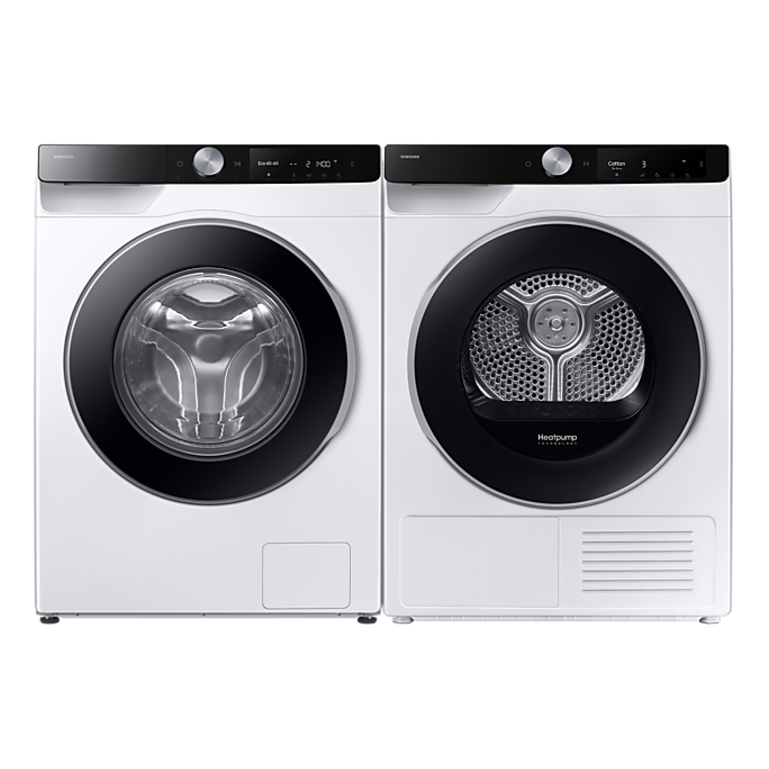 Deux machines à laver et sèche-linge Samsung blanches, panneaux de contrôle et portes noirs, isolés sur blanc.