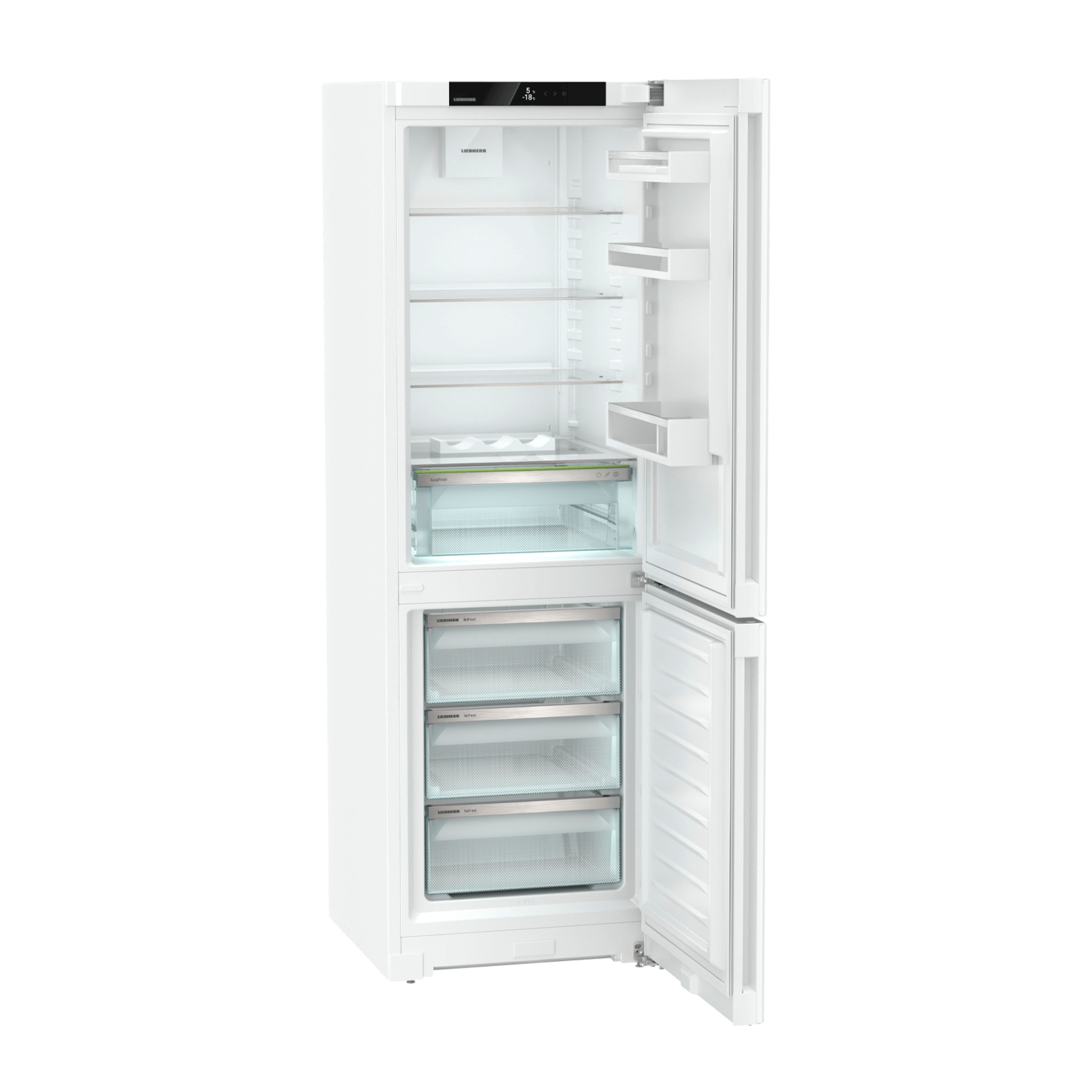 White refrigerator with open door, showcasing shelves, drawers, and interior lights. The background is a dark, plain space.