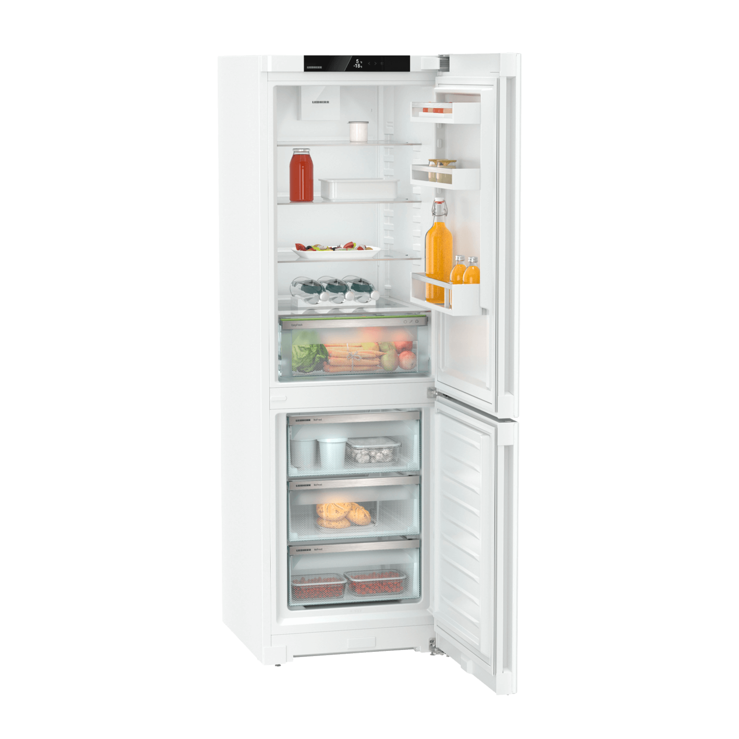 White refrigerator with an open door. It shows shelves, drawers, and food inside.
