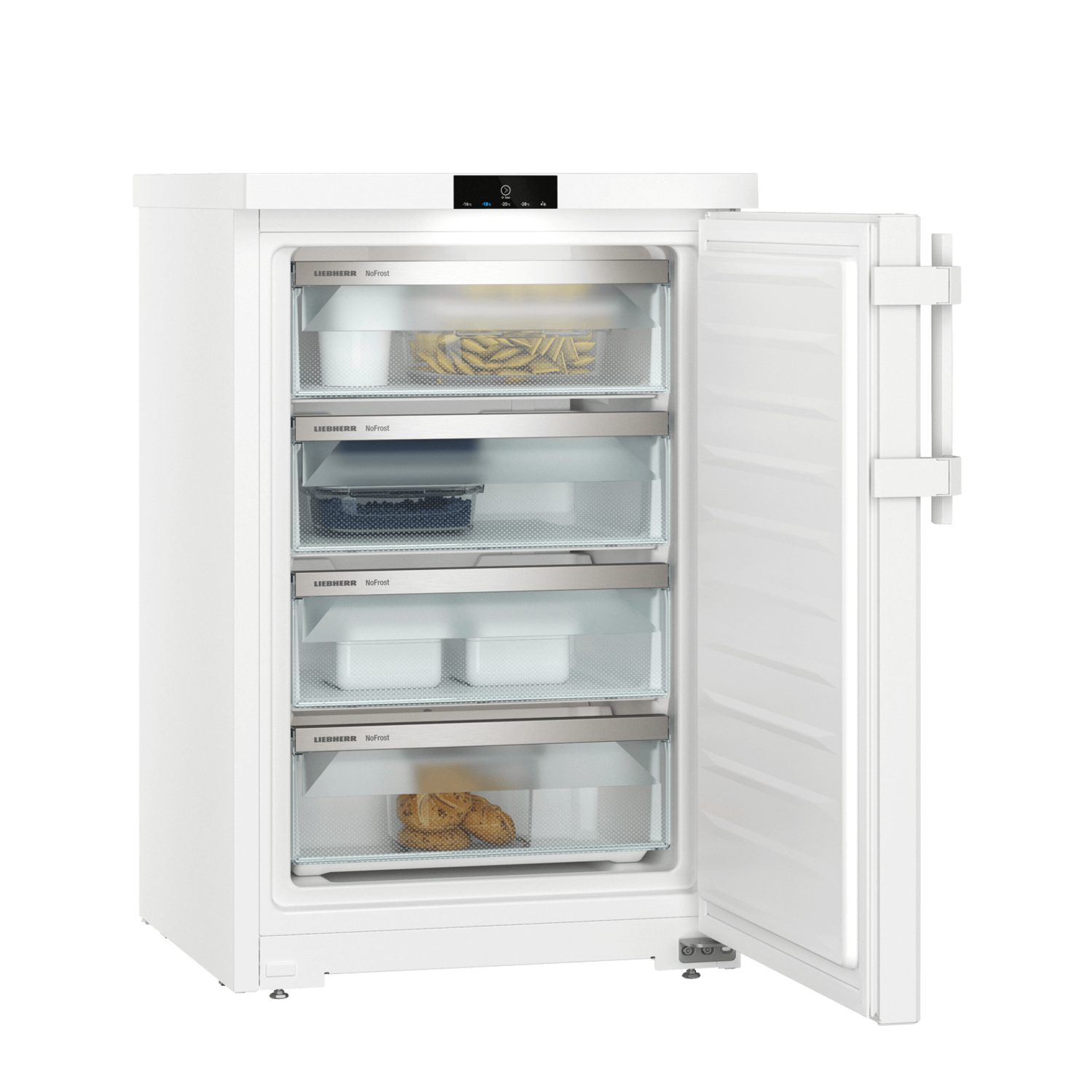 White refrigerator with the door open. Inside, there are shelves with white containers and food.
