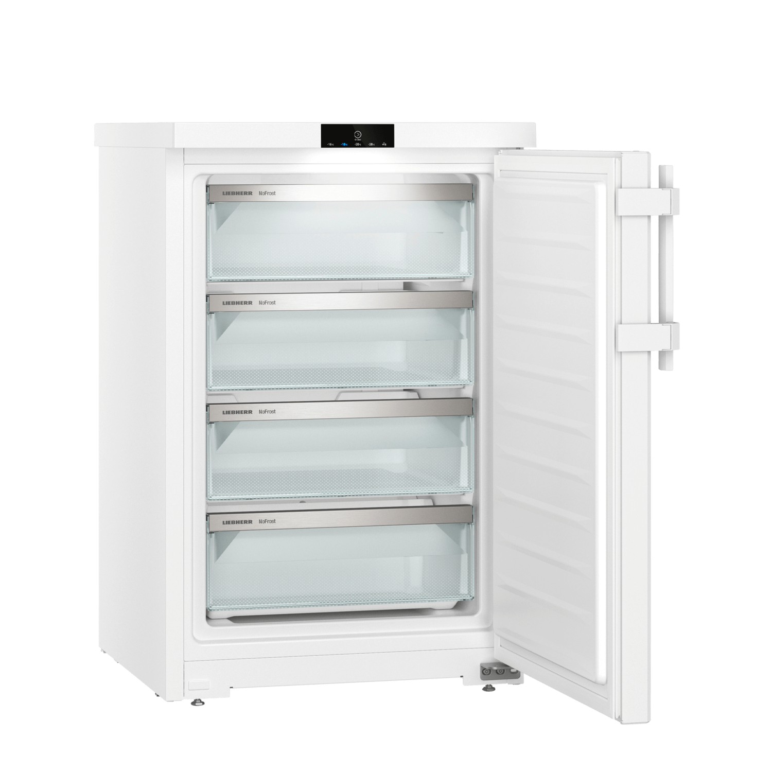 White Liebherr freezer with open door, showing drawers.