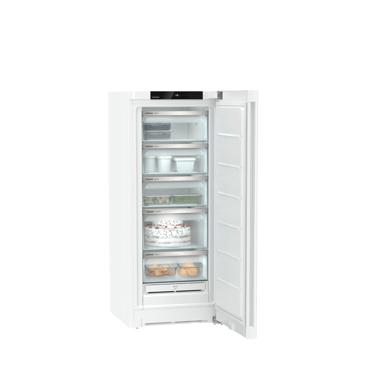 White refrigerator with open door, revealing shelves and contents.