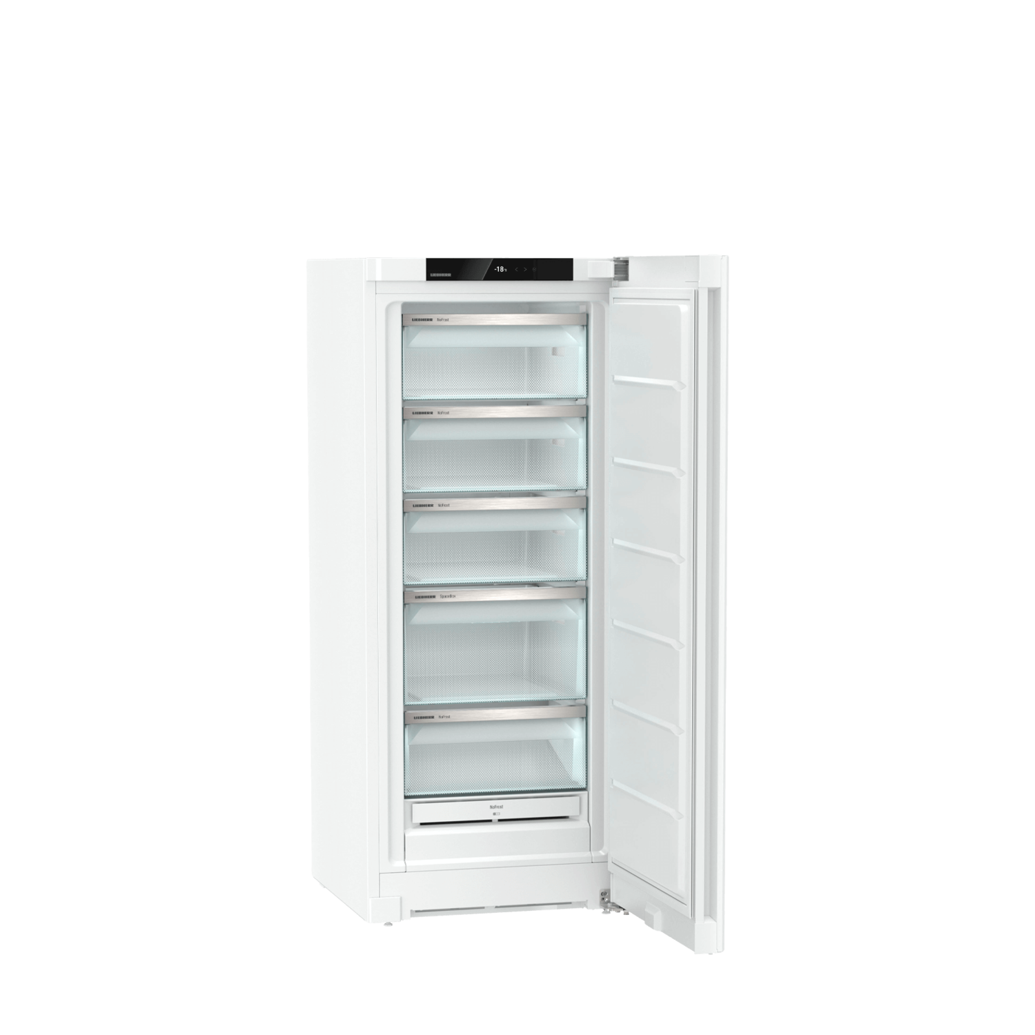 White refrigerator interior with open doors showing shelves. Black background.