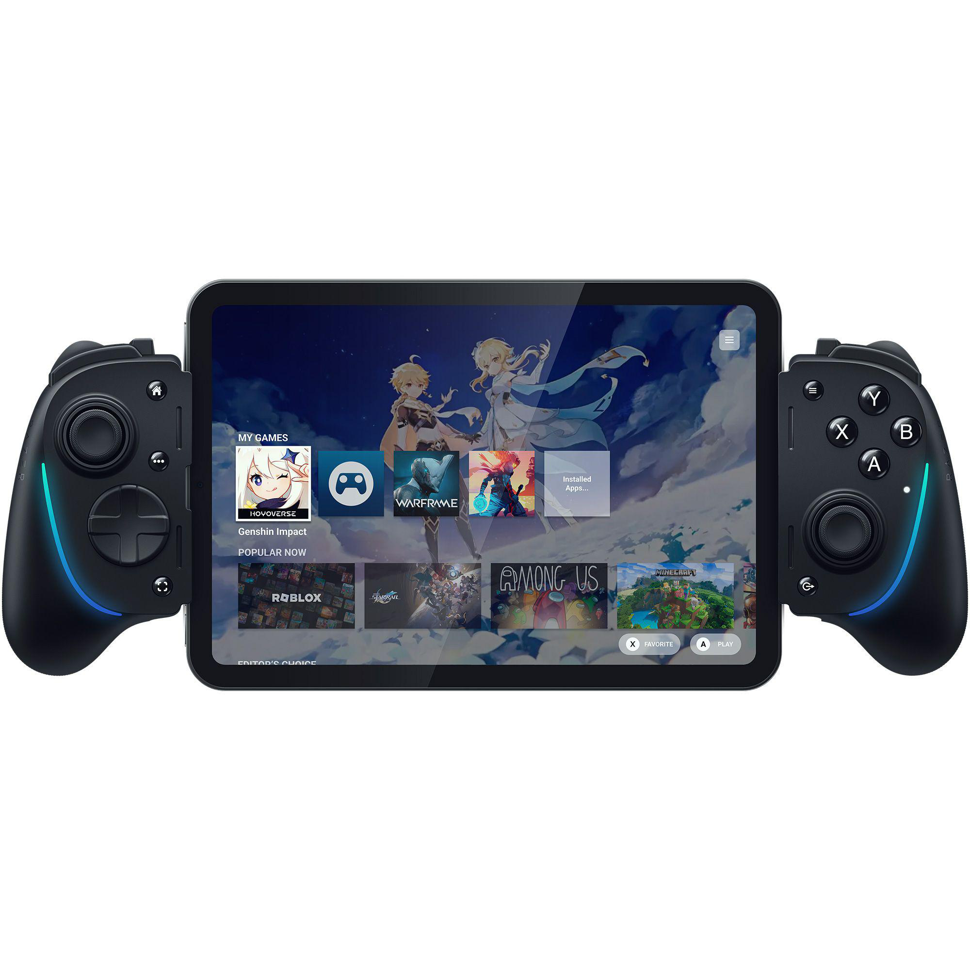 Ein Handheld-Gaming-Gerät mit einem Bildschirm, auf dem Spiele angezeigt werden, verbunden mit zwei Controllern.