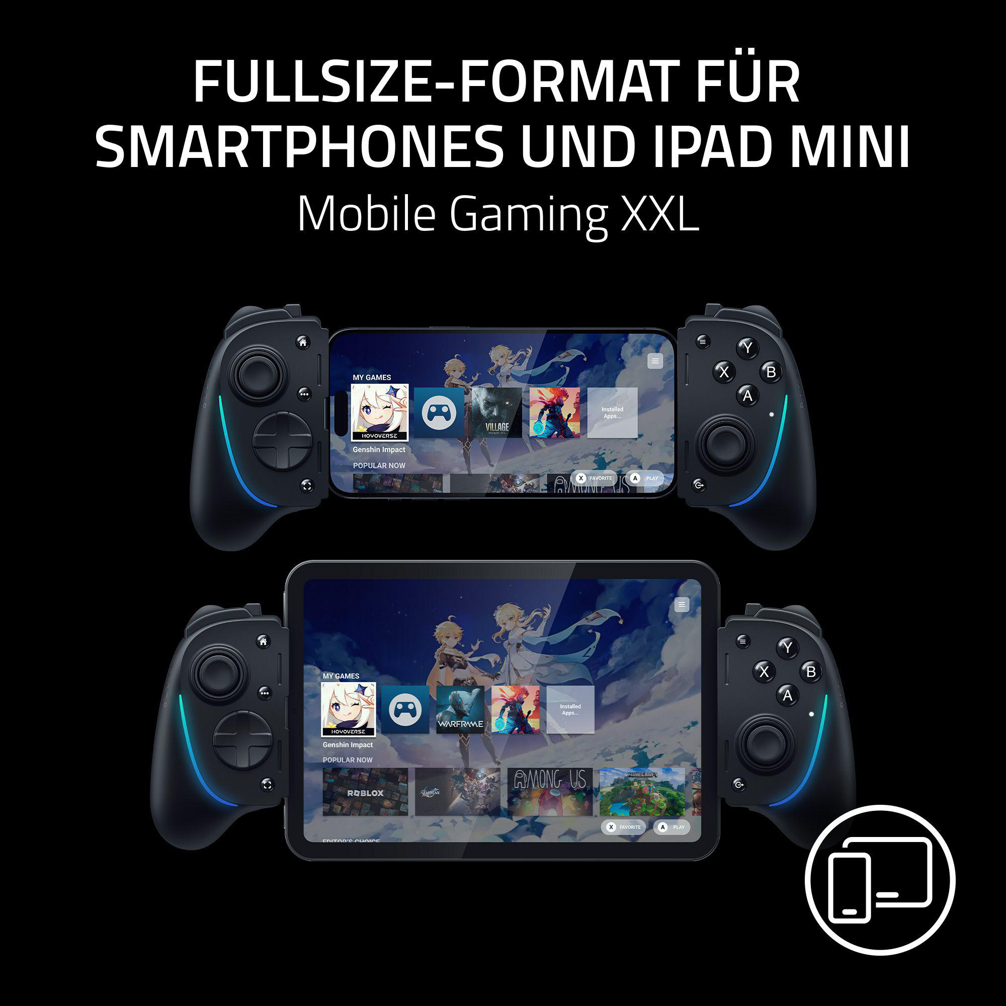 Zwei Geräte mit angeschlossenen Controllern, eines ist ein Telefon, das andere ein Tablet, Gaming-Oberfläche.