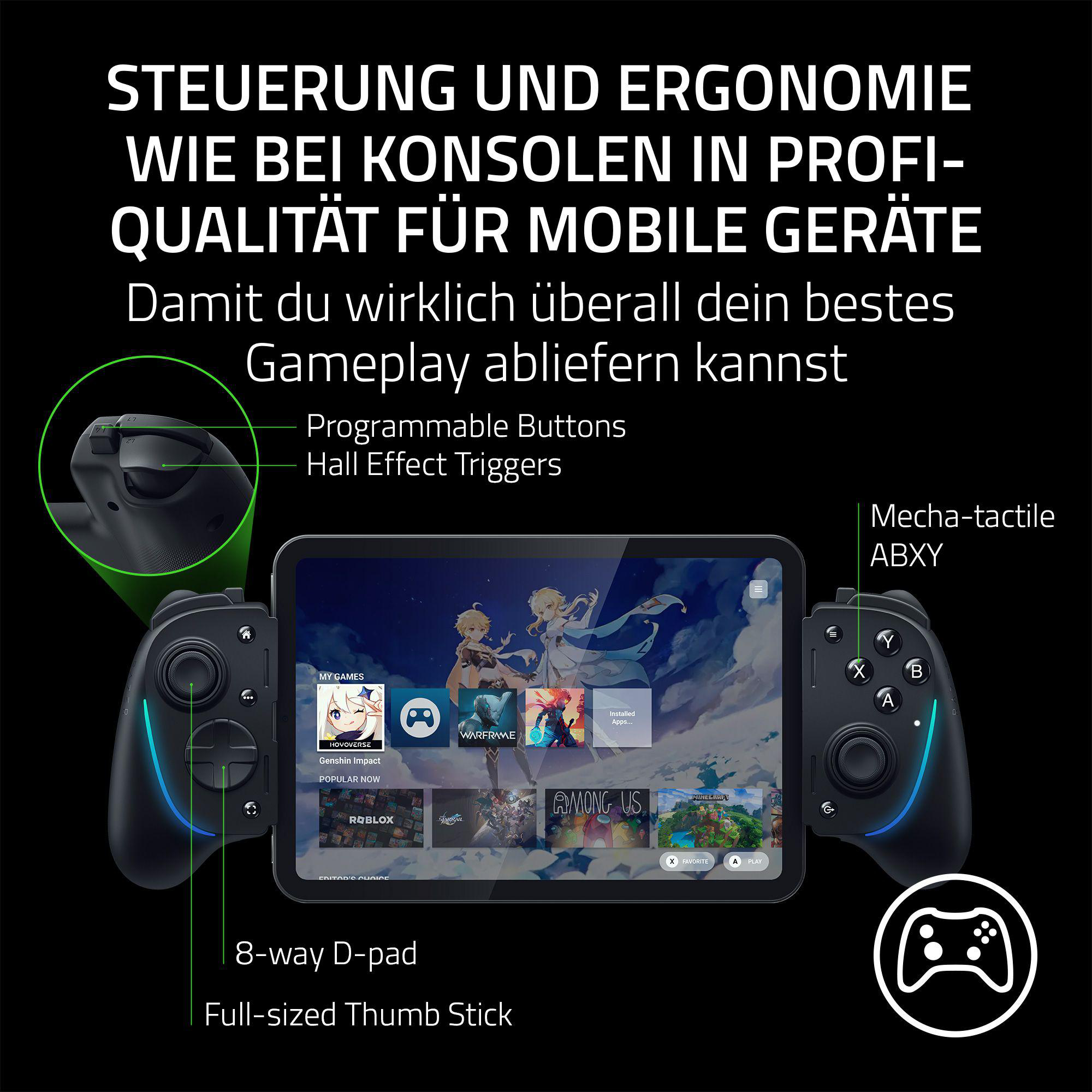Tablet mit Spielen, zwei Gamecontrollern und Text zur Beschreibung der Funktionen.