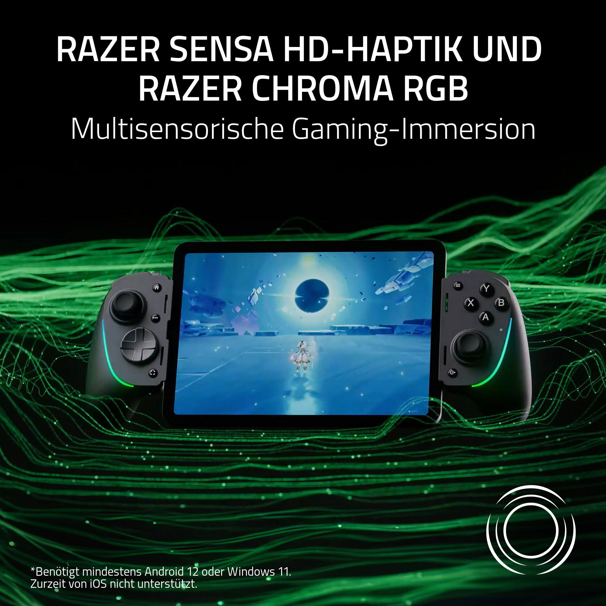 Ein Tablet mit Controllern auf jeder Seite, vor einem grünen Hintergrund mit leuchtenden Linien und Kreisen.