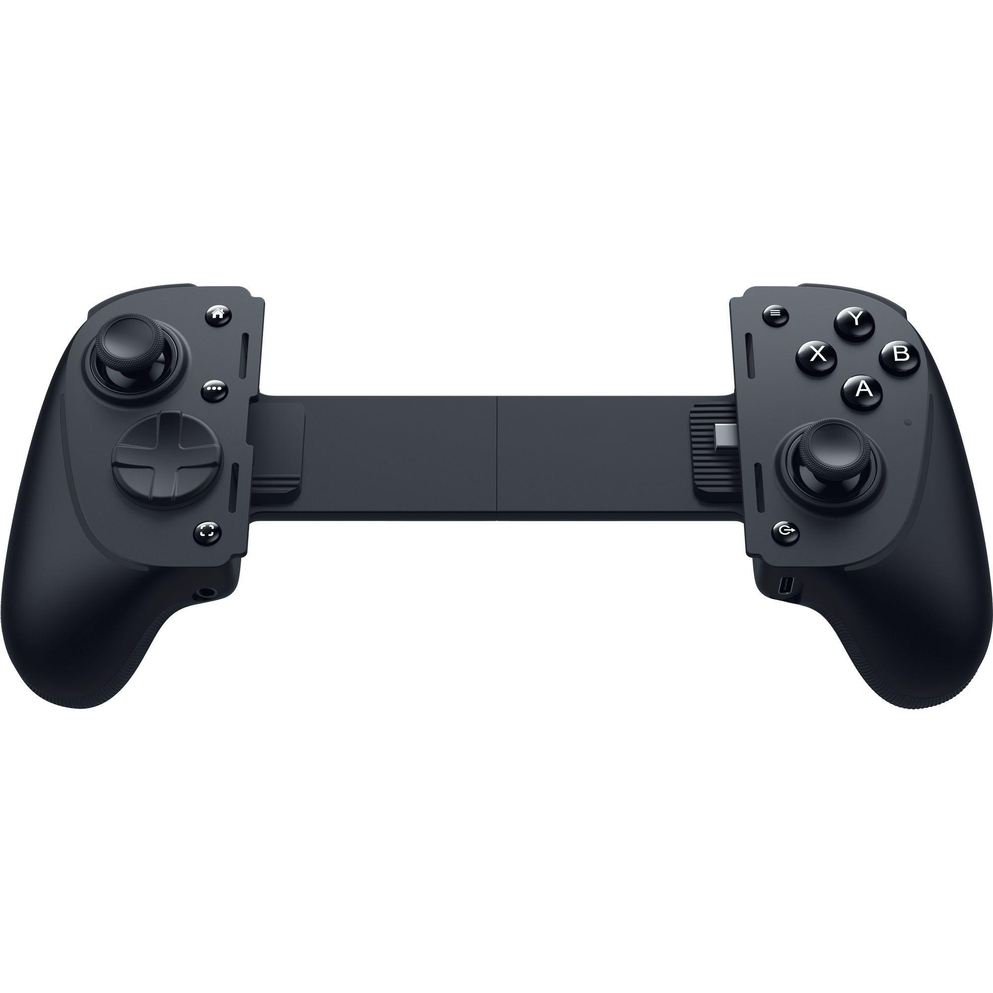 Schwarzer Gamepad-Controller, zweigeteilt, mit Knöpfen und Joysticks.
