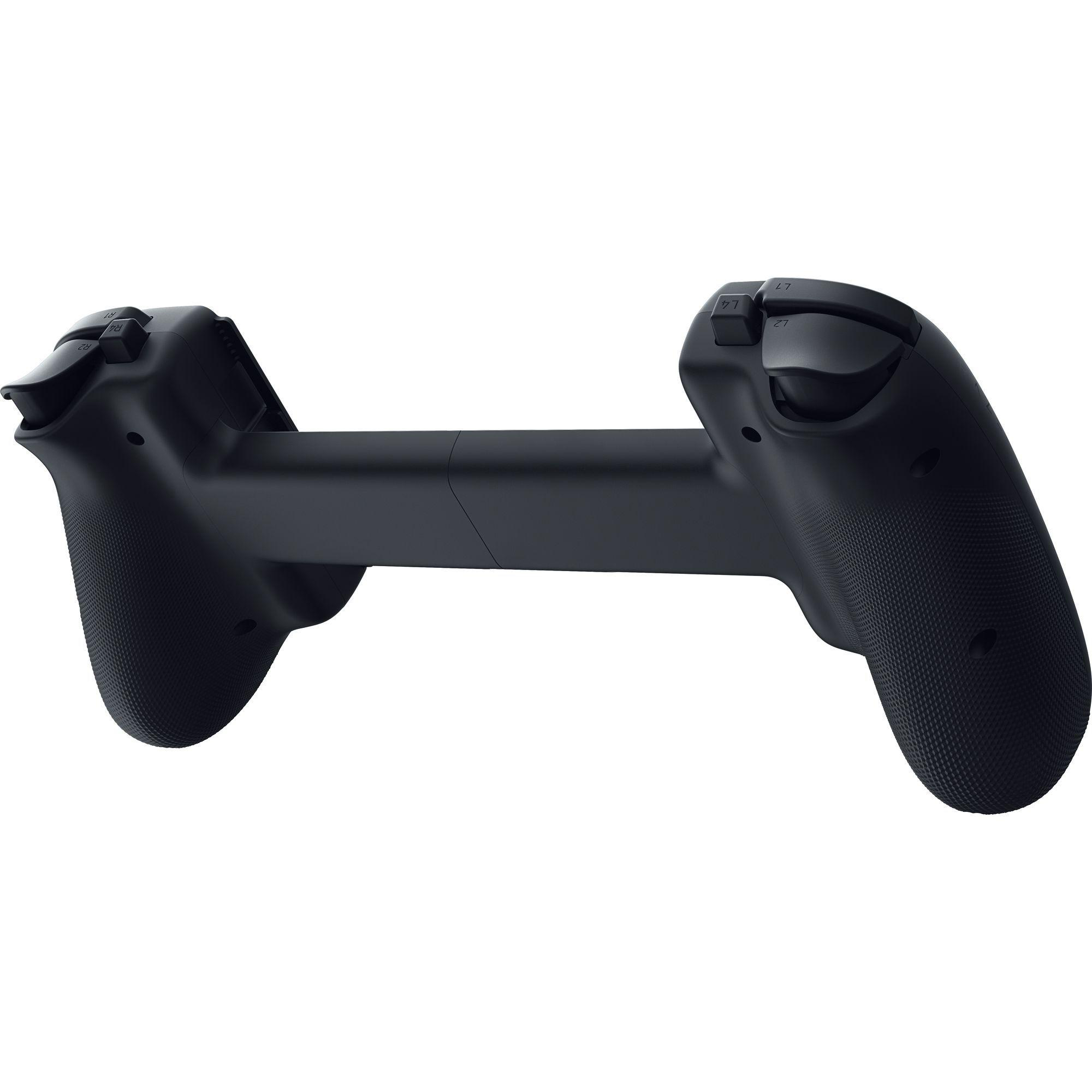 Schwarzer Controller, horizontal gehalten, mit zwei Griffen und Tasten oben.