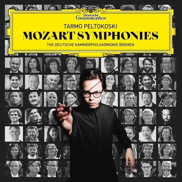 Albumcover für Mozarts Symphonien, mit einem Dirigenten, der einen Taktstock vor einer Tafel mit Gesichtern hält.