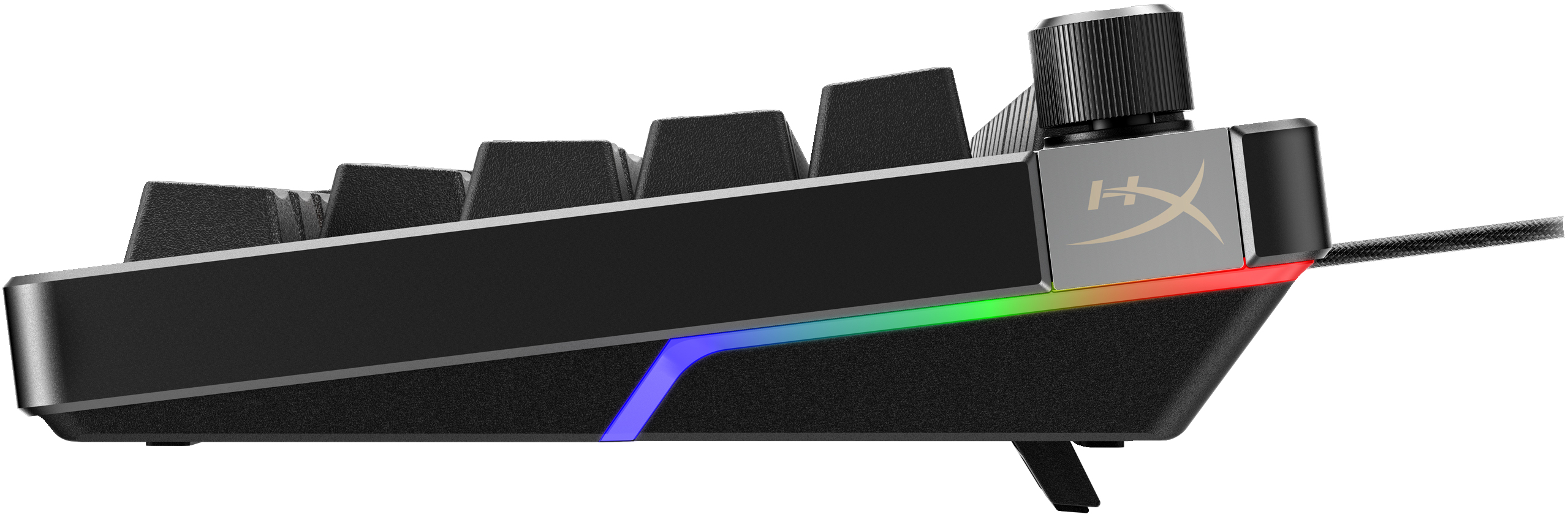 Seitenansicht einer schwarzen Tastatur mit Lautstärkeregler und RGB-Beleuchtung.