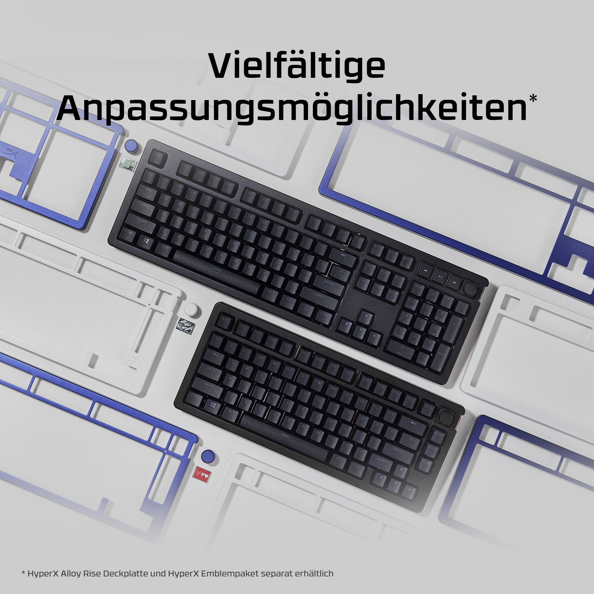 Zwei schwarze Tastaturen mit blauen und weißen Rahmen und Text, der Anpassungsoptionen anzeigt.