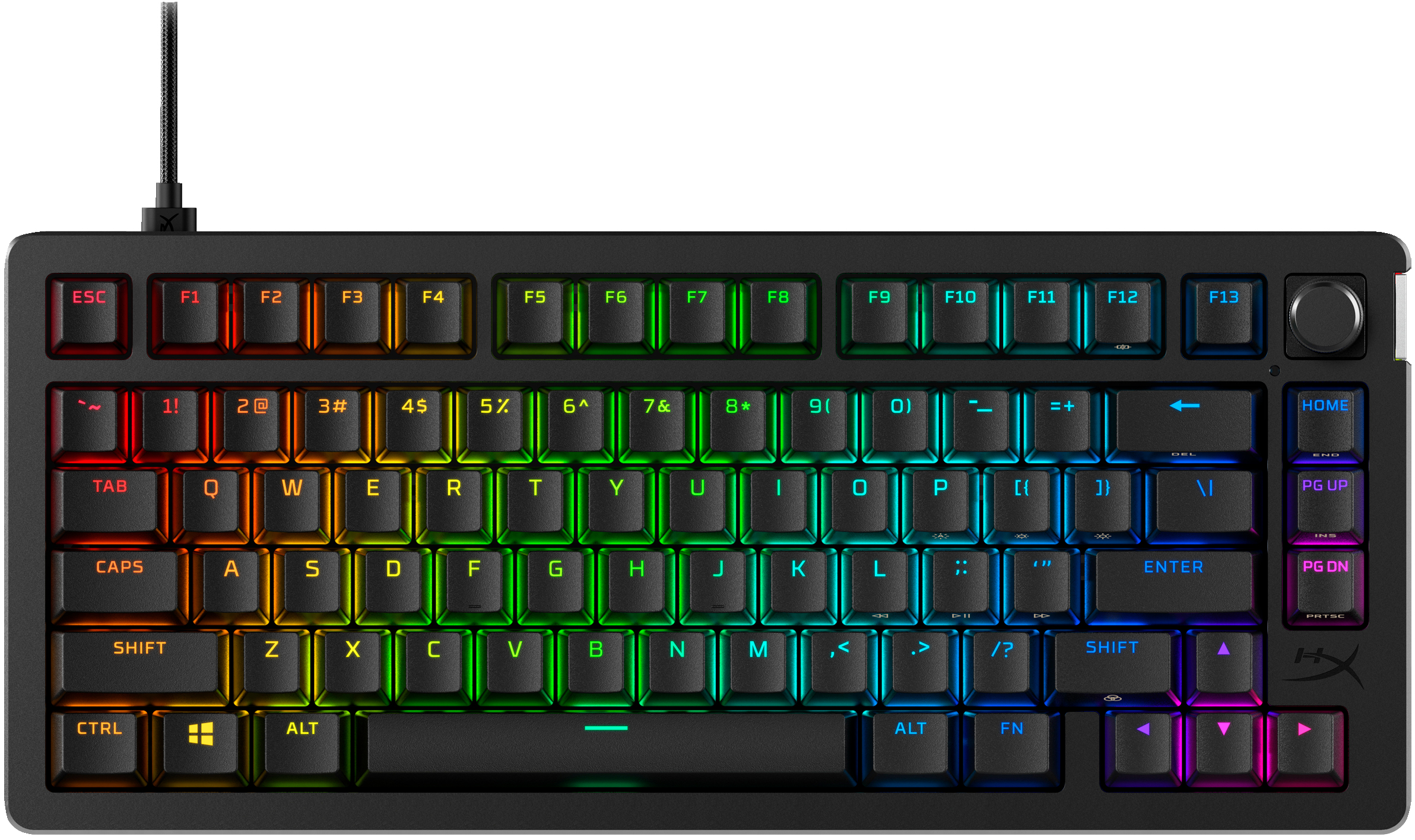 Schwarze Tastatur mit Regenbogen-Tasten und Kabel oben.