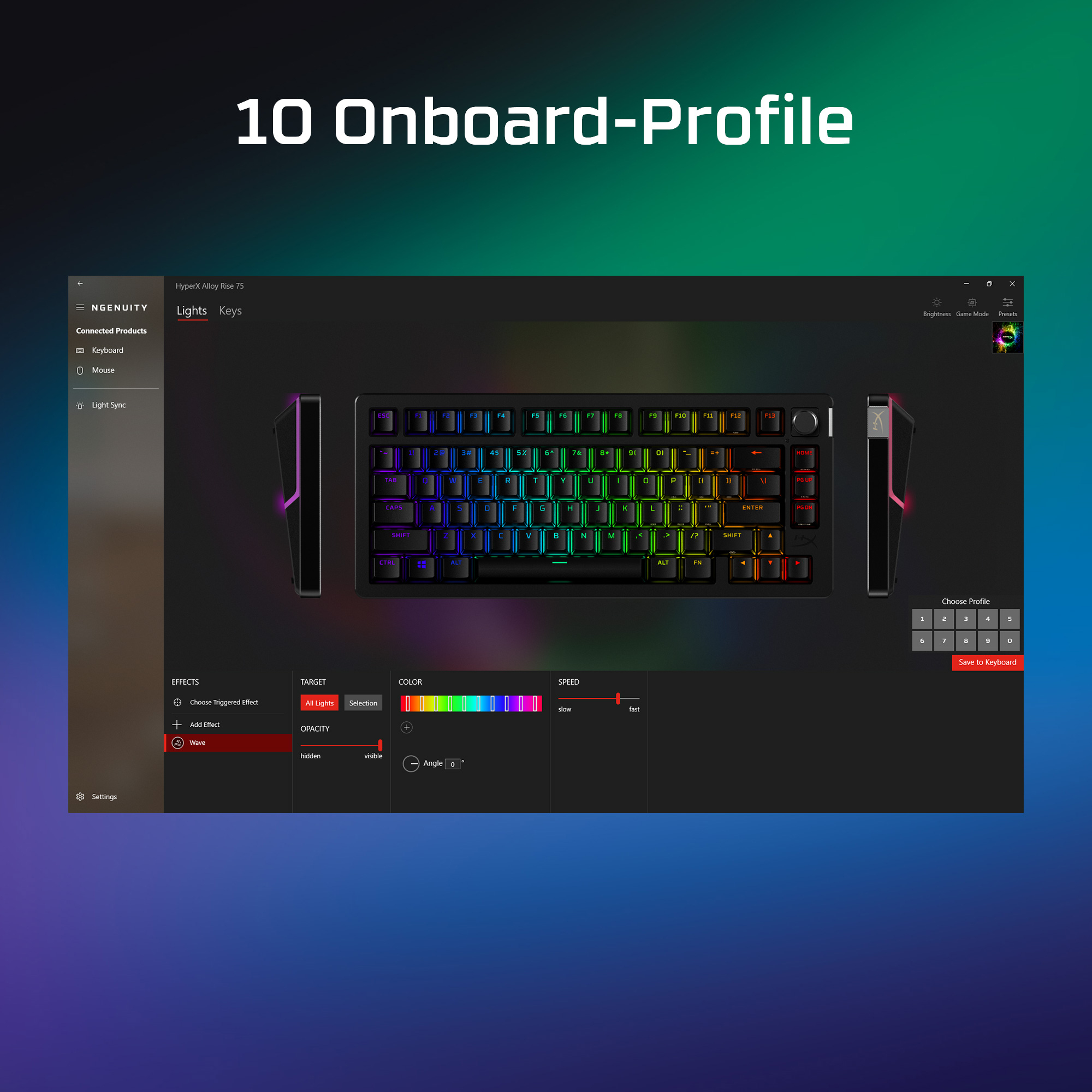 Tastatur mit mehrfarbigen Lichteffekten, die auf einem Bildschirm angezeigt werden.