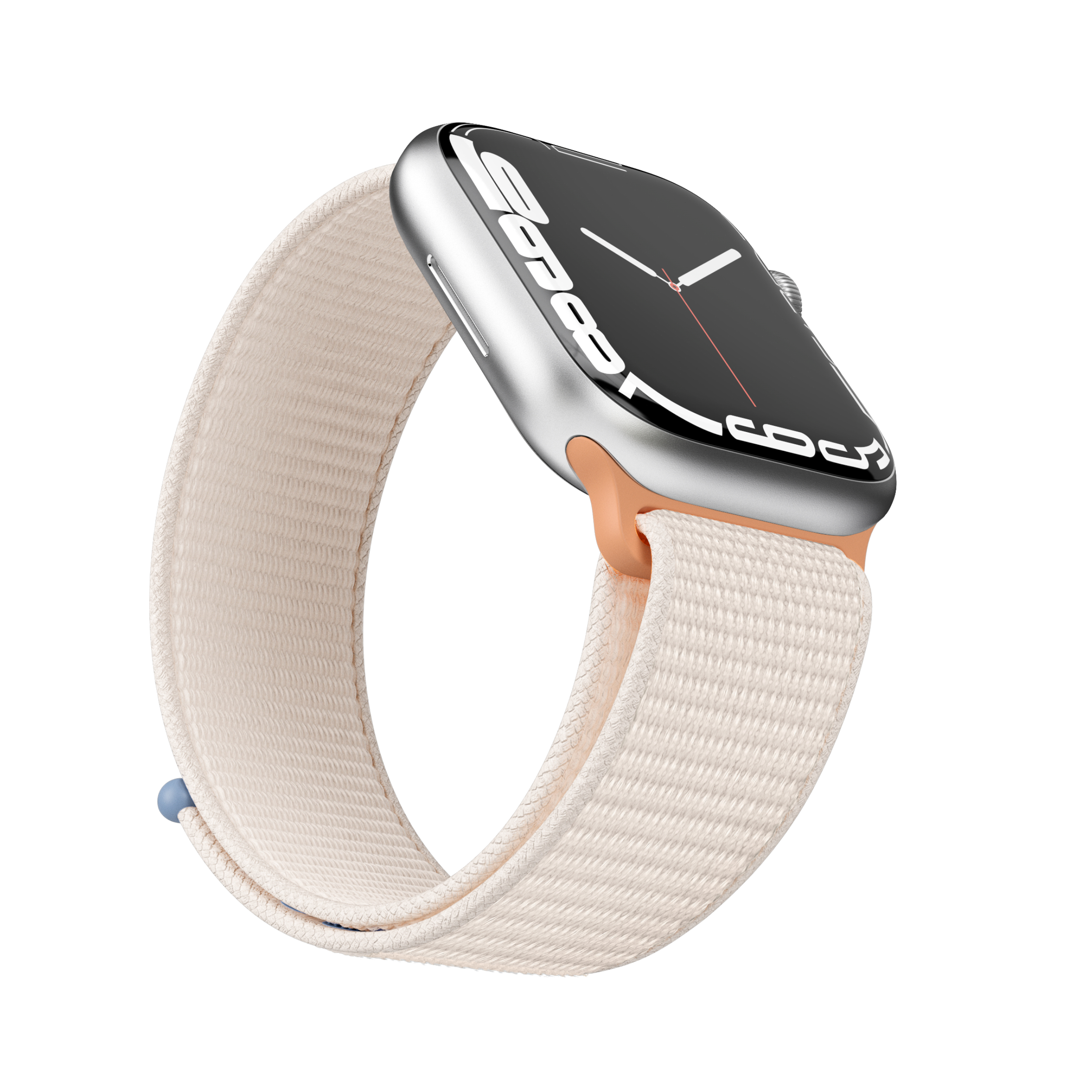 Silberne Apple Watch mit cremefarbenem Armband. Das Zifferblatt ist schwarz. Das Armband ist abgewinkelt.