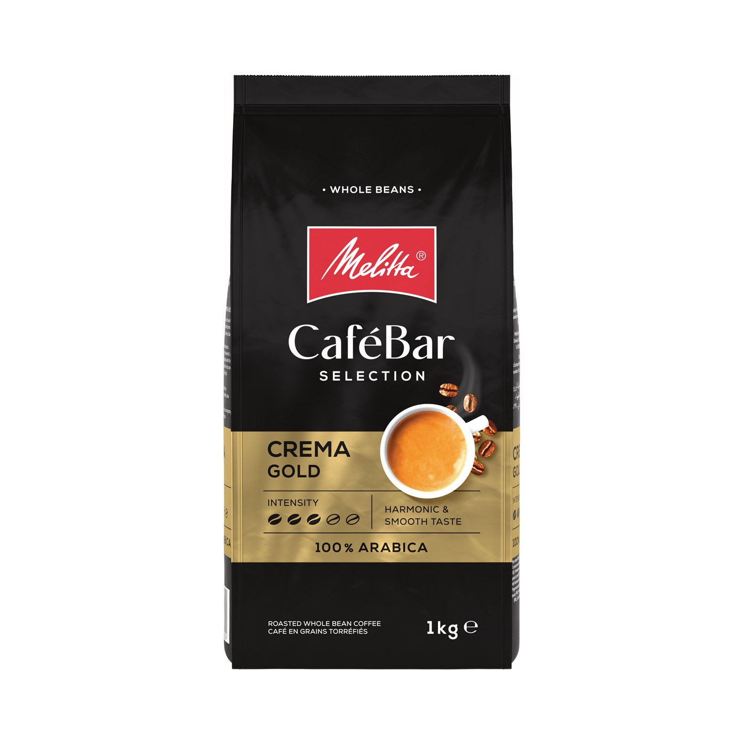 Beyaz arka plan üzerinde, bir kahve fincanı görüntüsü ve çekirdekleri olan siyah Melitta CafeBar kahve poşeti.
