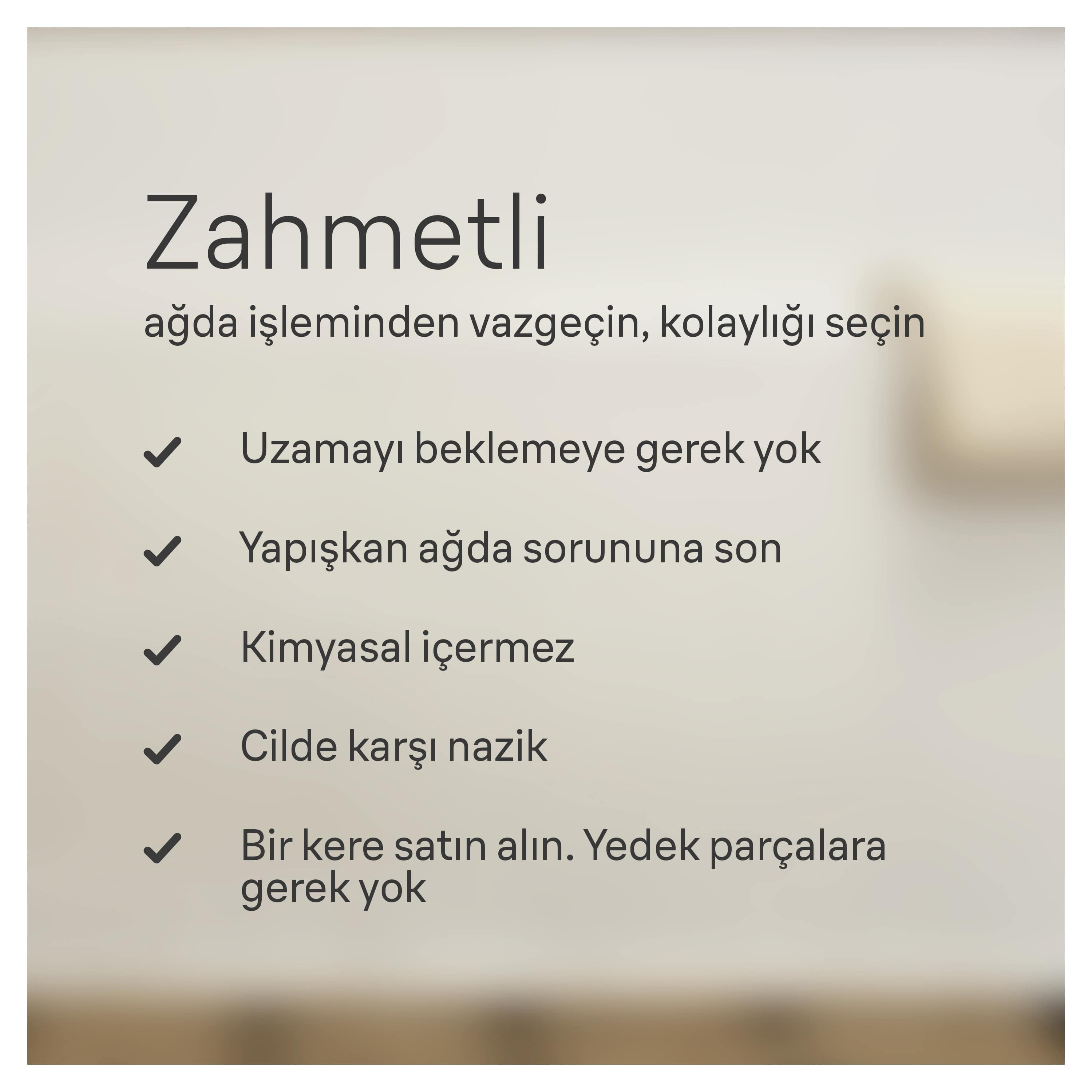 Türkçe metin içeren beyaz bir arka plan, kontrol işaretleriyle faydaları listeliyor, ağda yapmaya gerek yok dahil.