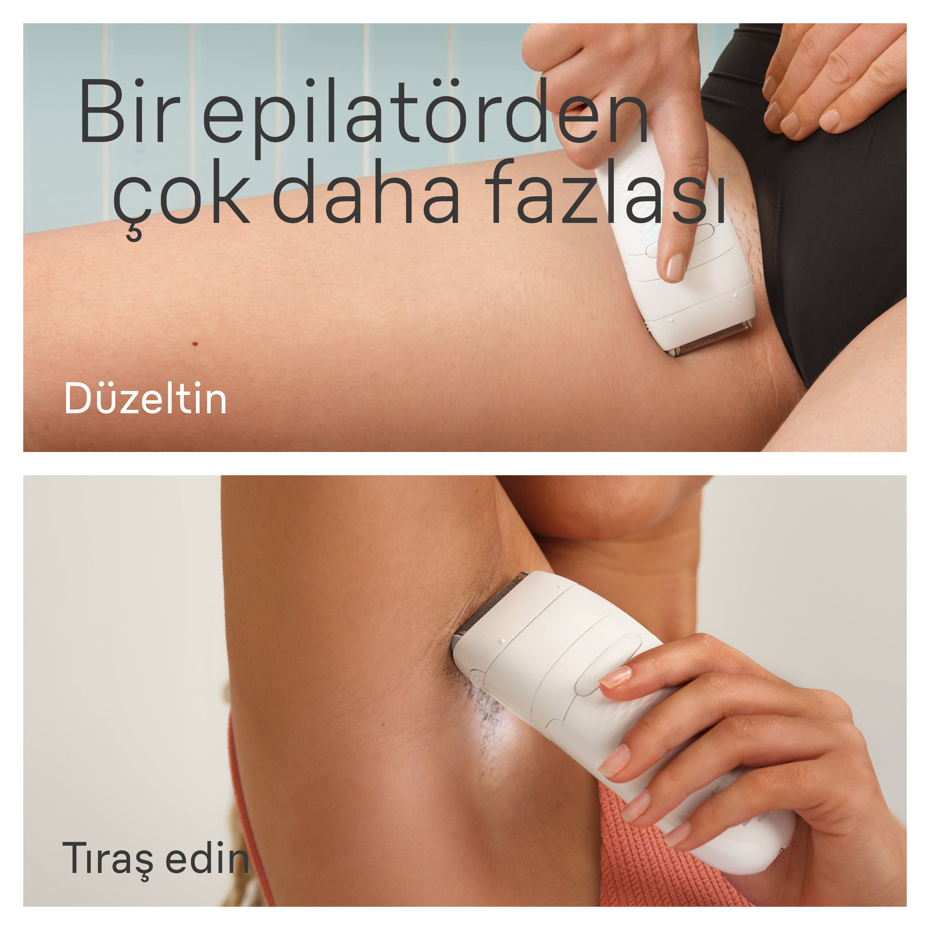 Bir kişi bacak ve koltuk altında epilatör kullanıyor.