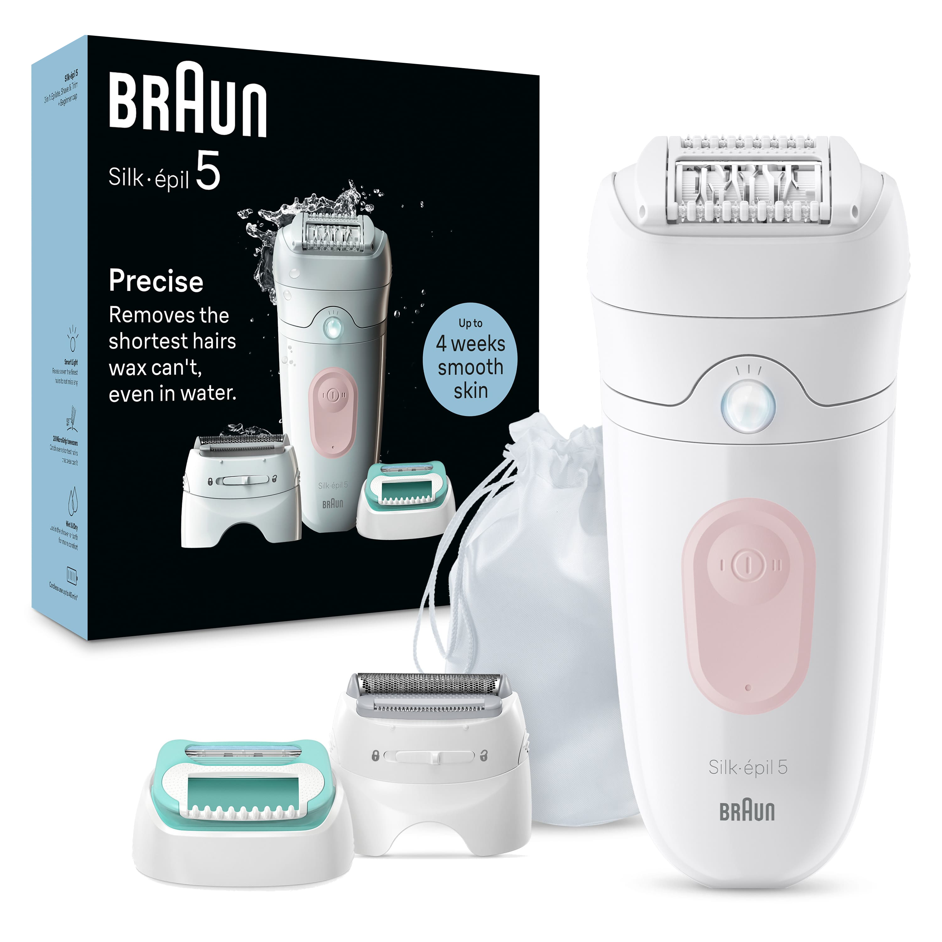 Braun Silk-épil 5 epilatör seti. Epilatör, kutu, ataşmanlar ve bir kese içerir. Ürün beyaz ve pembedir.