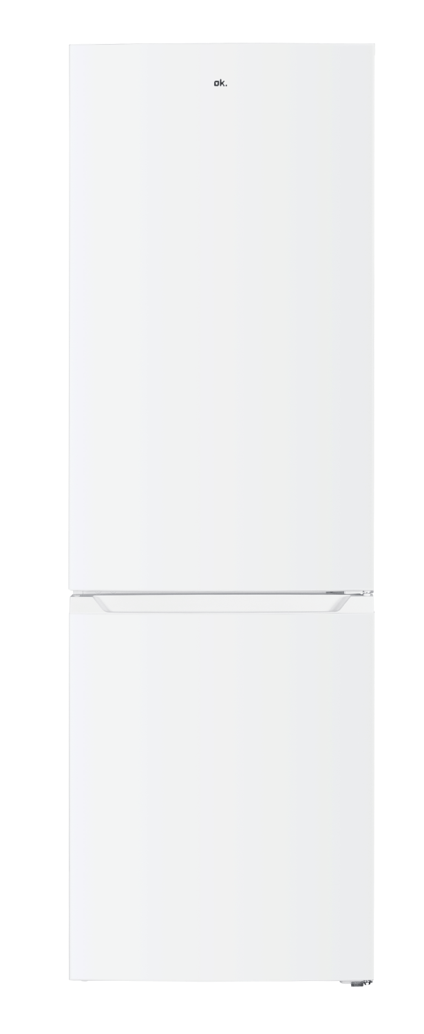 Un refrigerador blanco con congelador inferior. Es un electrodoméstico alto y vertical.