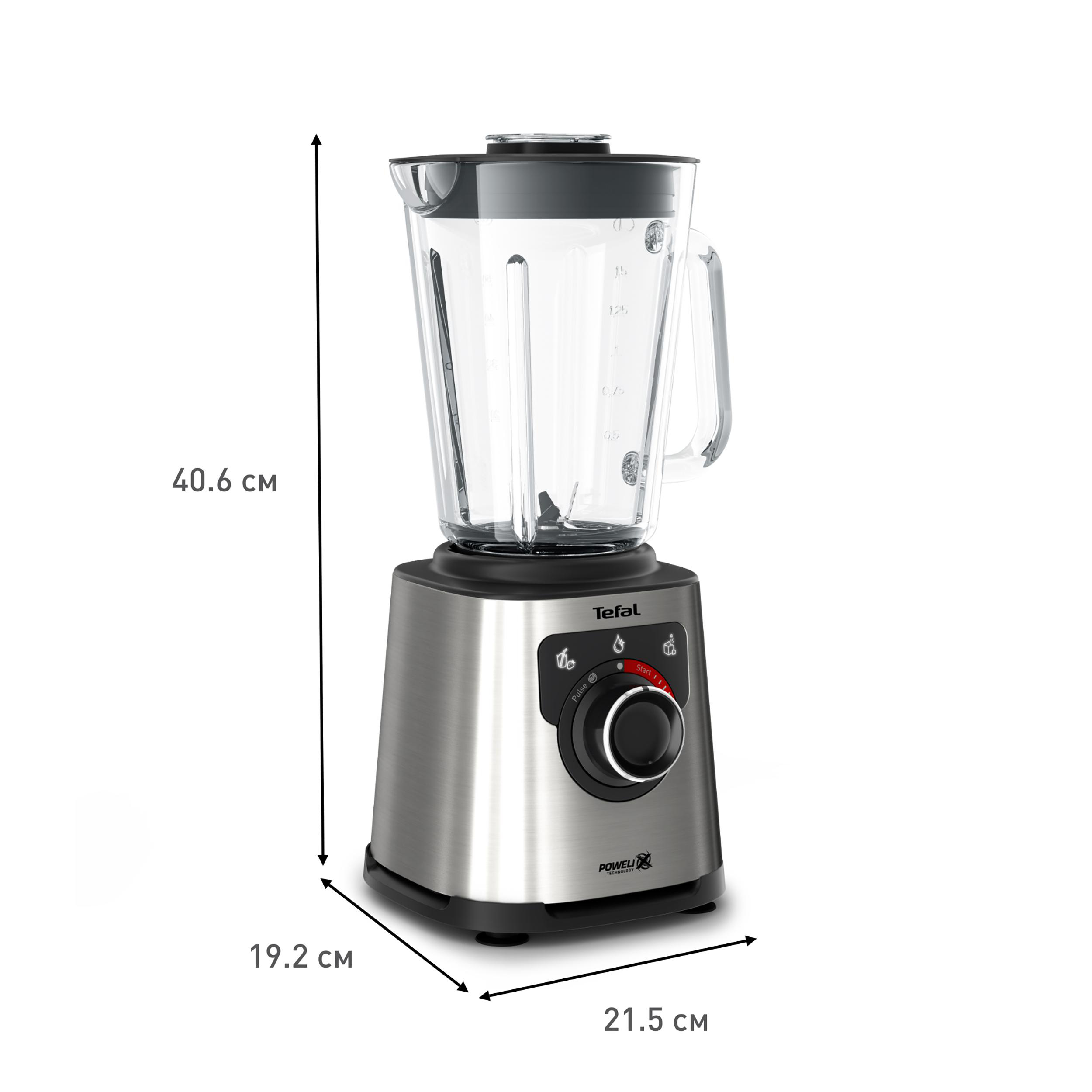 Edelstahl Tefal Mixer mit Maßen, Leistungsregler und Knöpfen.