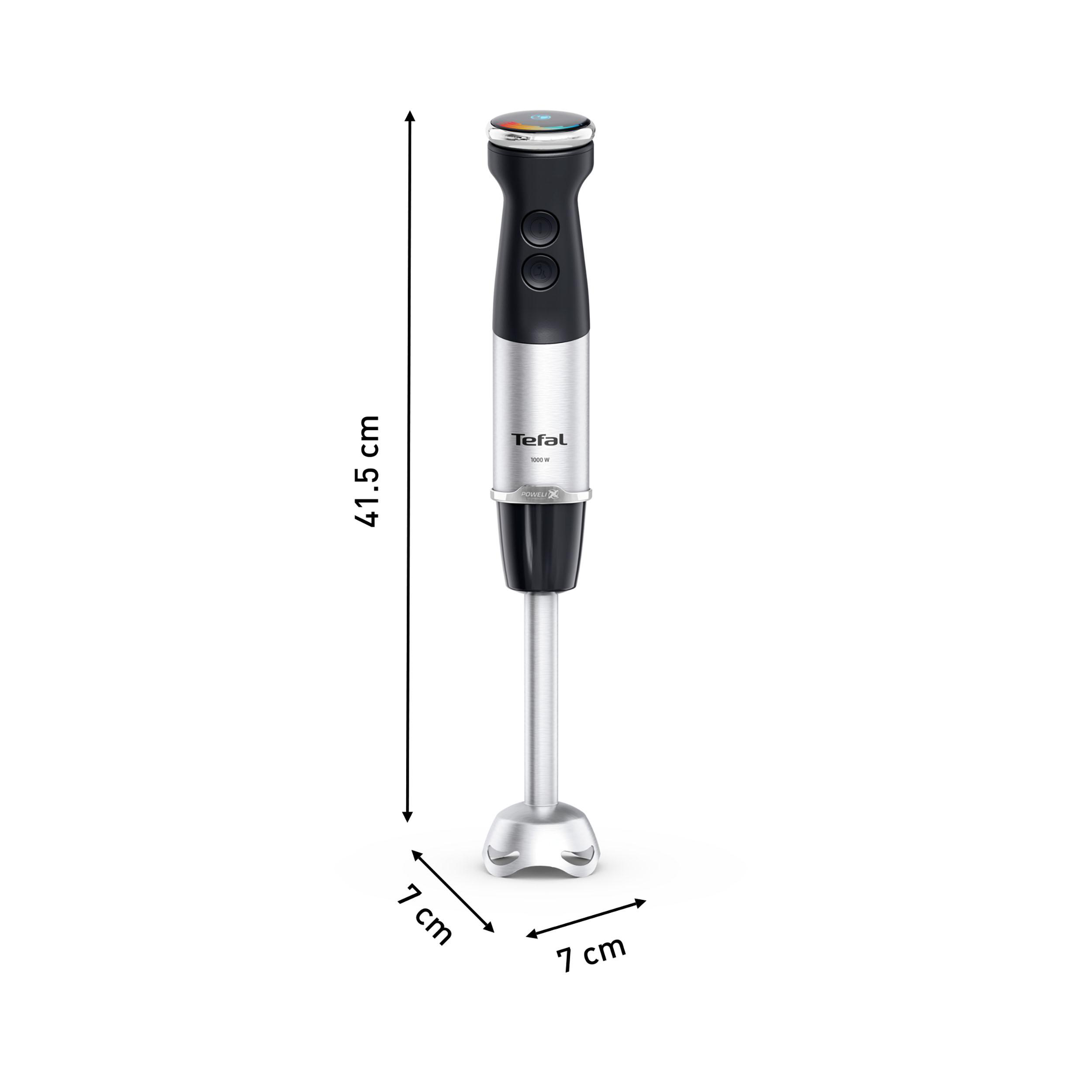 Tefal Stabmixer mit Abmessungen. 41,5 cm hoch, 7 cm breit.