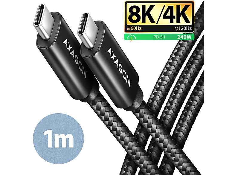 AXAGON USB4 Gen3x2 Type-C - adatkábel, PD3.1 240W, max 8K 60Hz, 1 méter, fekete (BUCM4X-CM10AB)