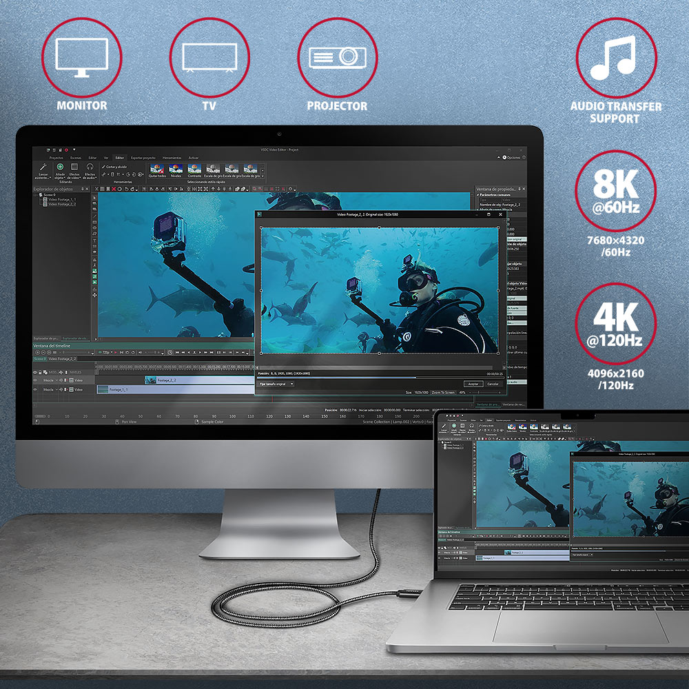Laptop és monitor videószerkesztő szoftvert mutat.