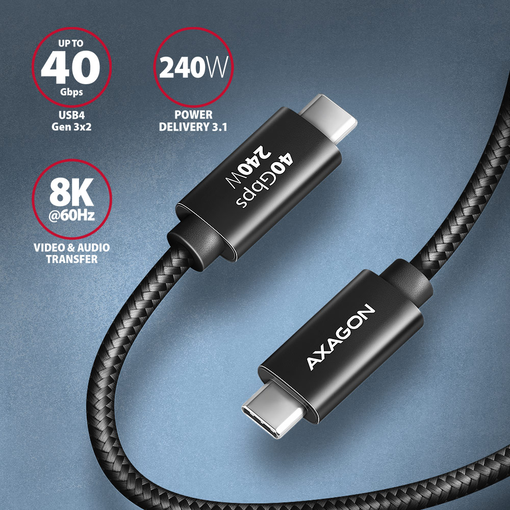 Fekete USB-C kábel szöveggel, sötét háttéren, energia- és adatátviteli részletekkel.