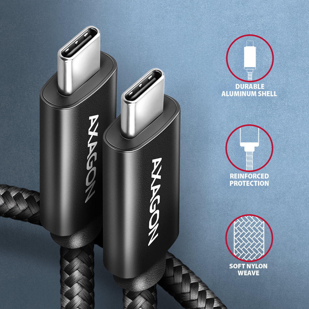 Két fekete USB-C kábel ezüst csatlakozókkal, feliratokkal és ikonokkal.