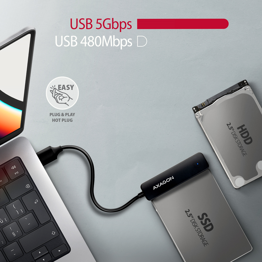 Laptop, külső merevlemez és SSD USB-kábellel csatlakoztatva. Szöveg a képen.