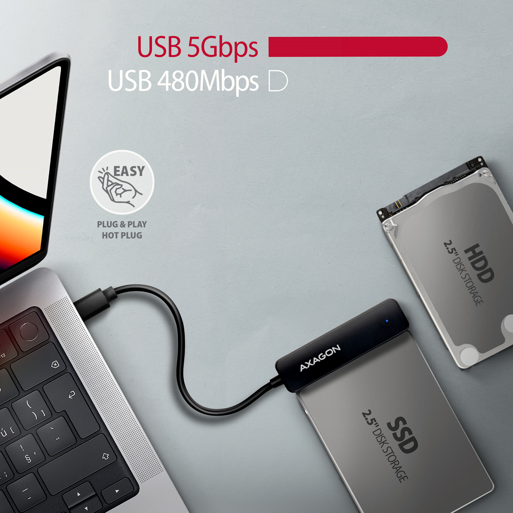 Laptop külső SSD-hez és HDD-hez csatlakoztatva. USB 5 Gbps és 480 Mbps szöveg látható.