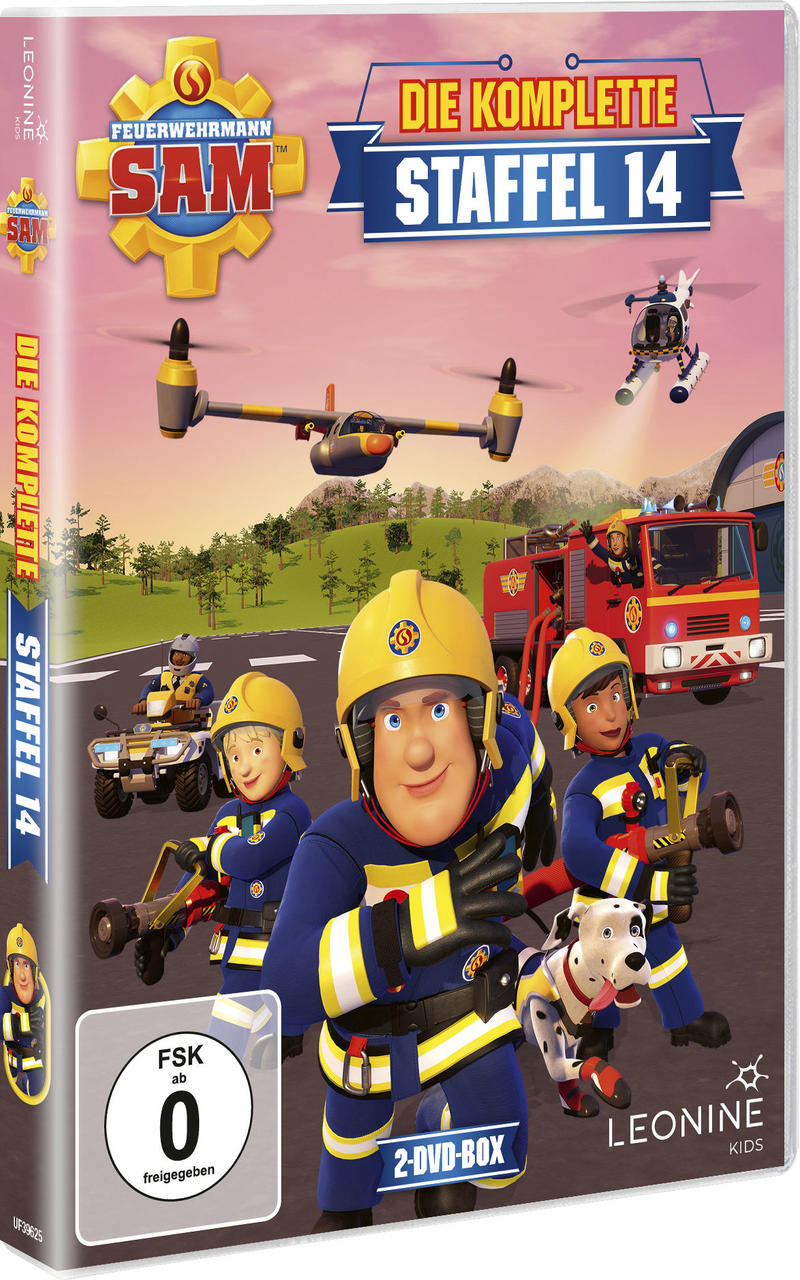 Eine DVD-Box von Feuerwehrmann Sam, Staffel 14, mit animierten Figuren und einem Feuerwehrauto.