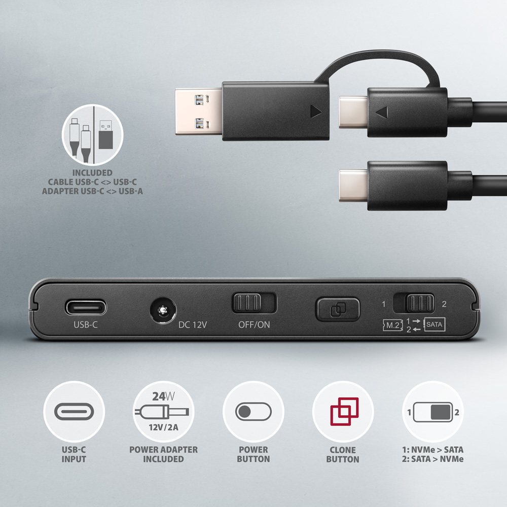 Fekete eszköz USB, DC, be/ki és egyéb portokkal. Kábeleket és funkcióikonokat tartalmaz.