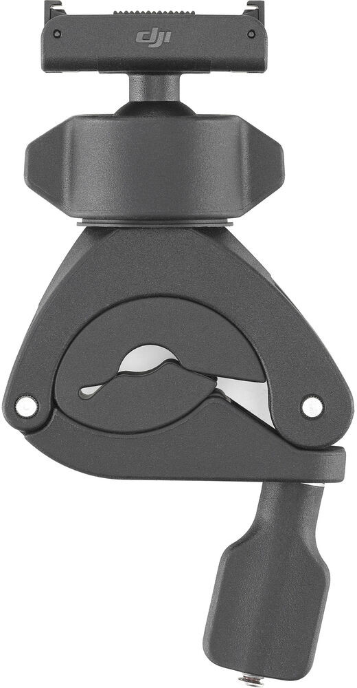 Black camera mount with a ball joint, and an adjustable clamp, isolated on a white background.