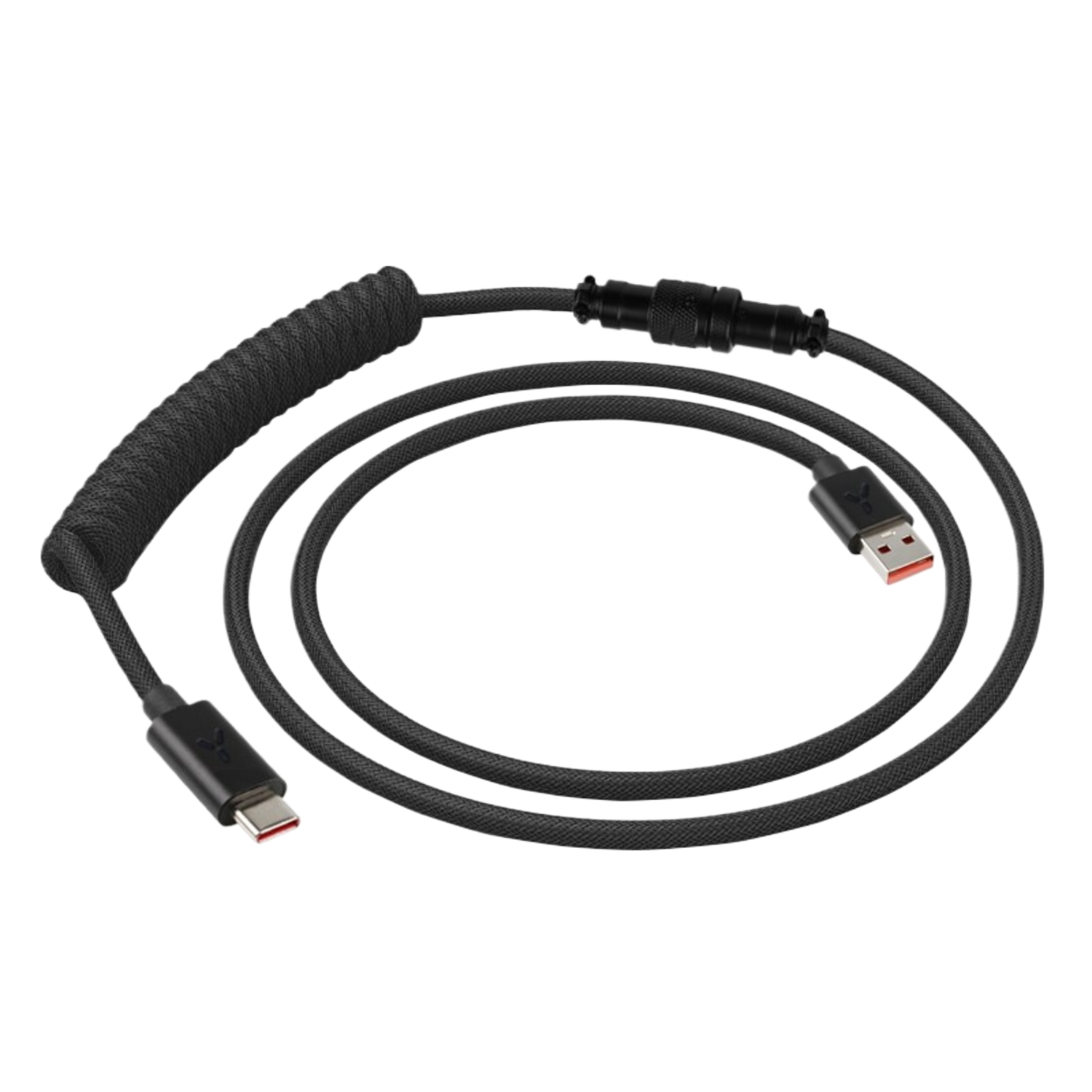 Zwarte USB-C-kabel met USB-C- en USB-A-connectoren. De kabel is opgerold.