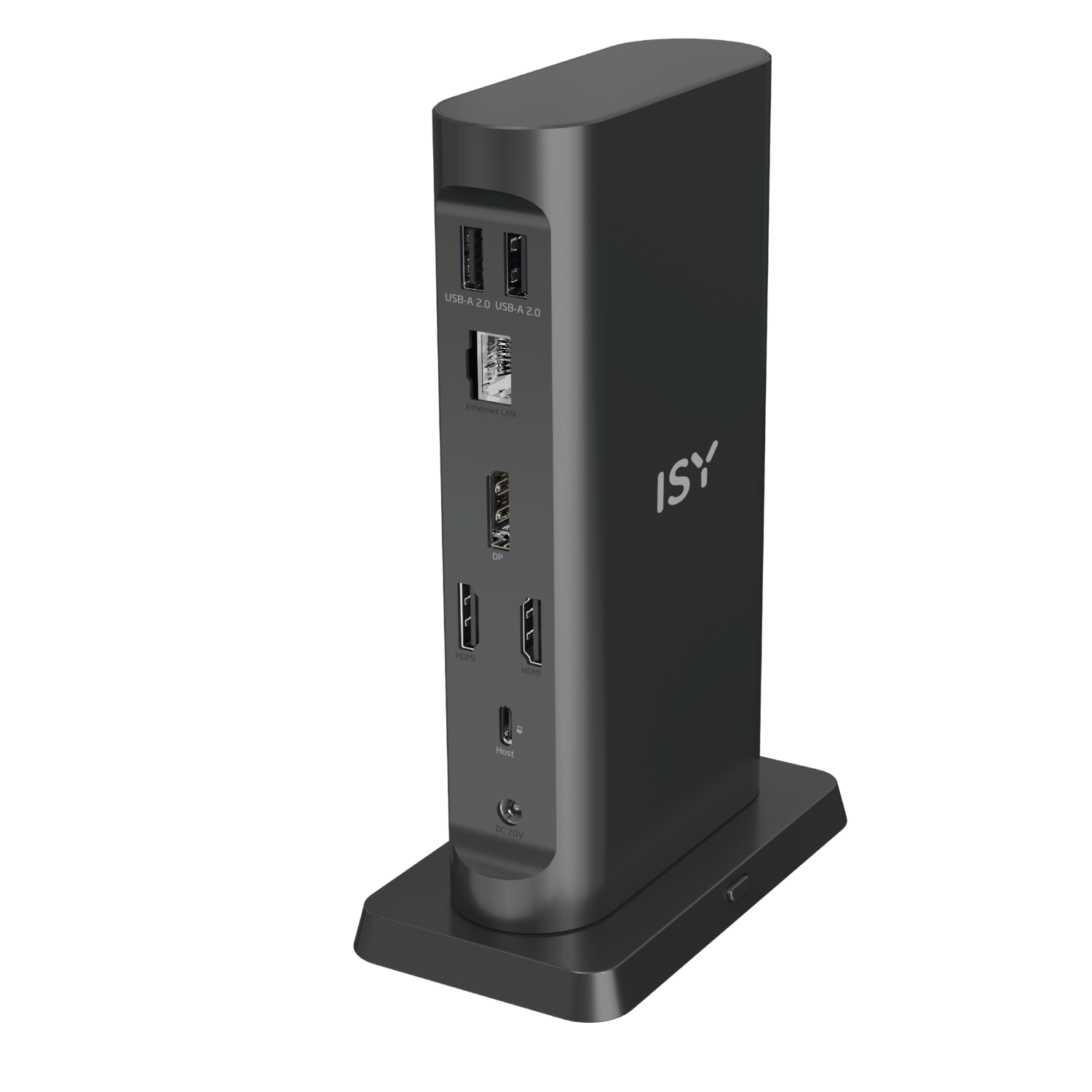 Black, rectangular docking station with multiple ports: USB, Ethernet, HDMI, and DC-IN on a stand.
