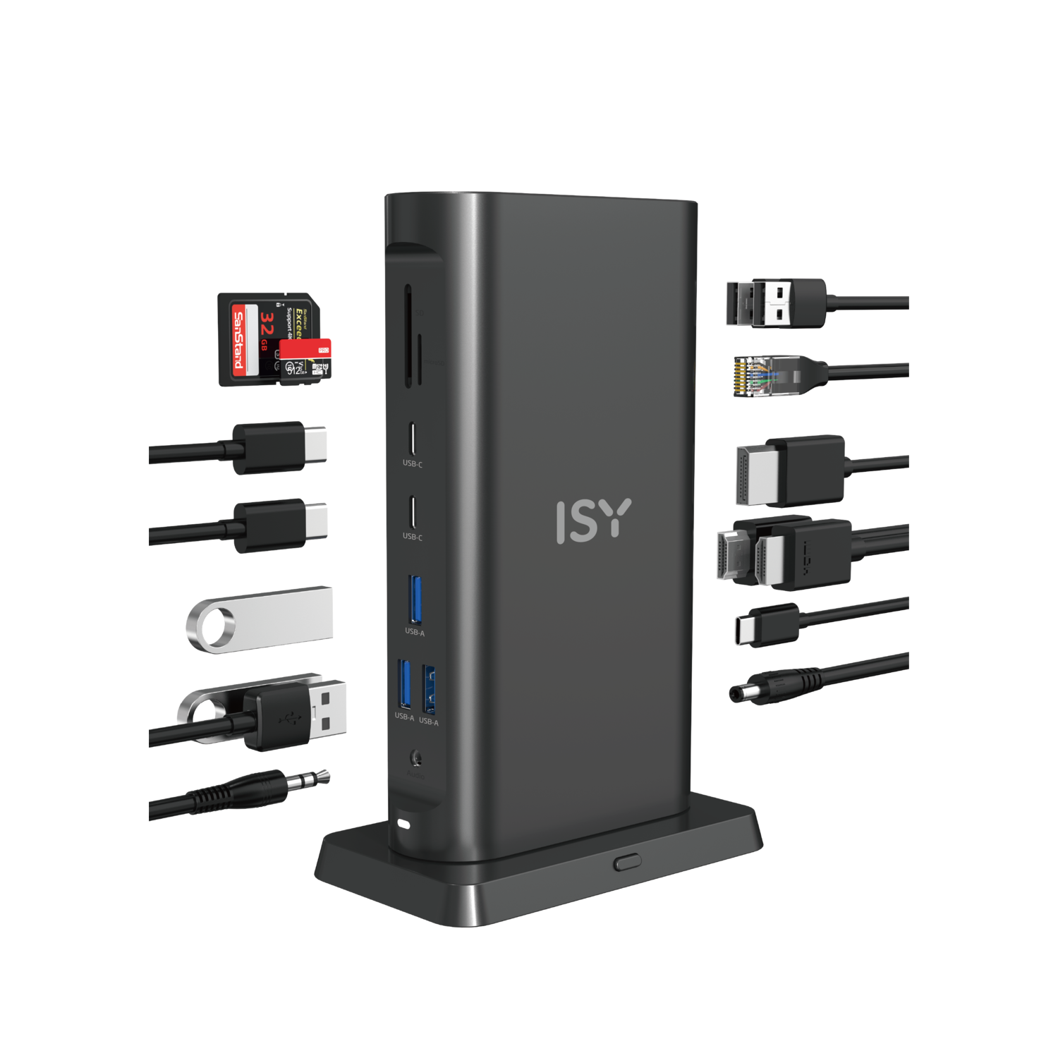 A black hub with multiple ports and connected cables.