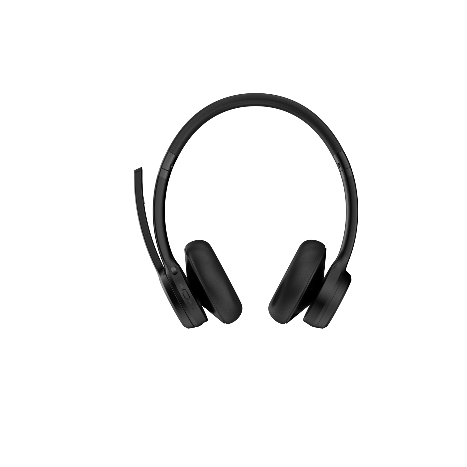 Black headset on a black background. It has two earpieces and a microphone extending from the left.