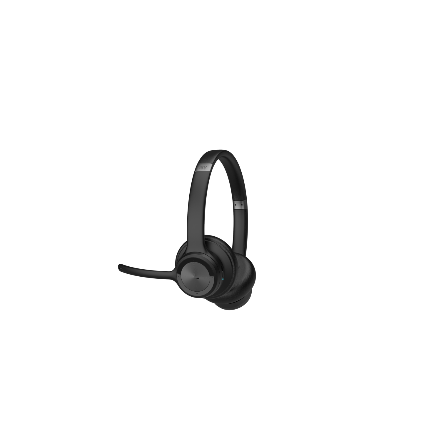 Black over-ear headset with a microphone. Isolated on a black background.