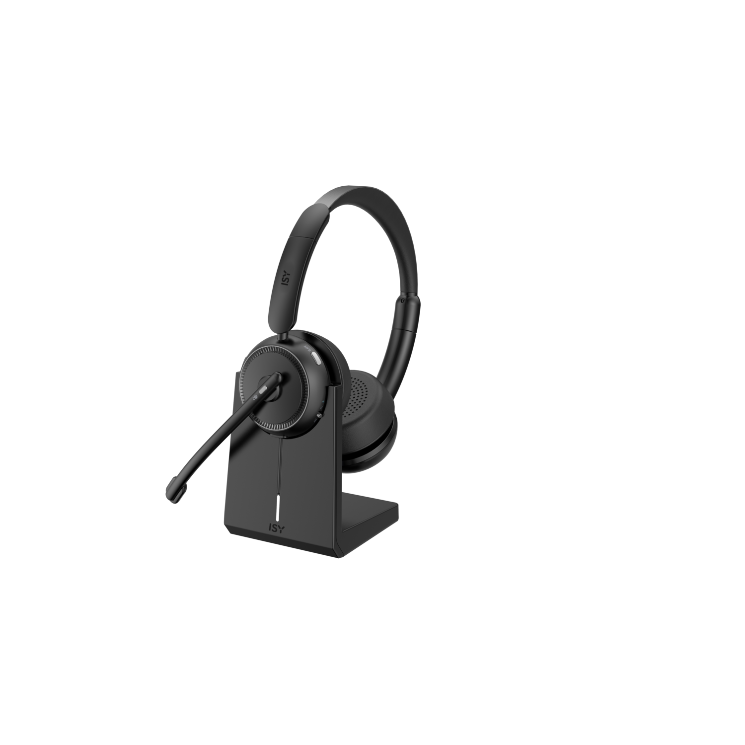 Wireless headset on charging stand, black, angled view.