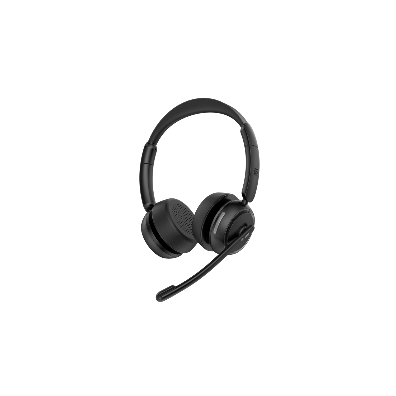 Black wireless headset. Earpieces and microphone visible. Black background.