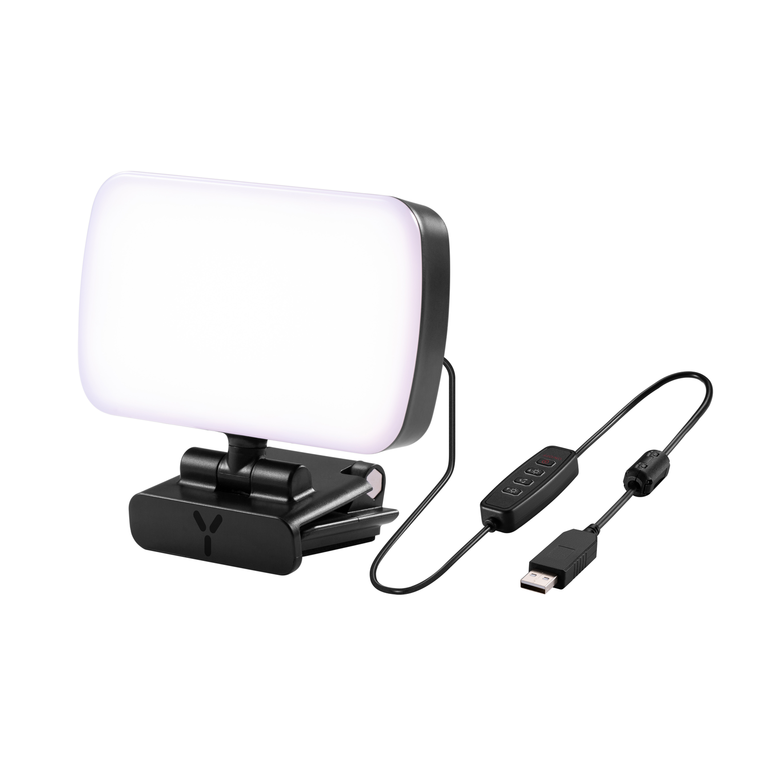 Helder, rechthoekig LED-licht met bedieningspaneel en USB-kabel.