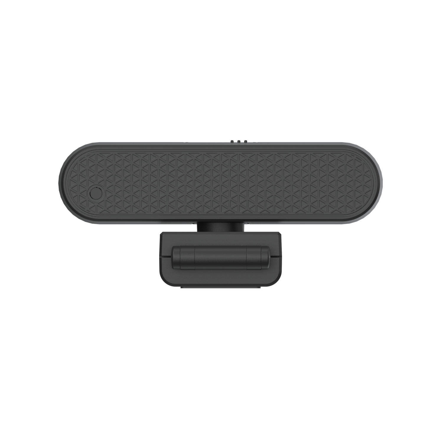 Zwarte webcam met geometrisch patroon, gemonteerd op een verstelbare zwarte standaard.
